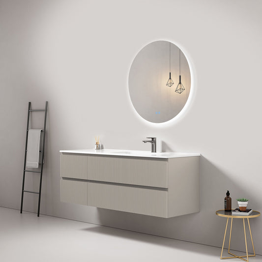 Mobile bagno sospeso cannettato 140 cm Grigio Cenere Lavabo a Destra in Resina Specchio Tondo Retroilluminato - Fiji Paint