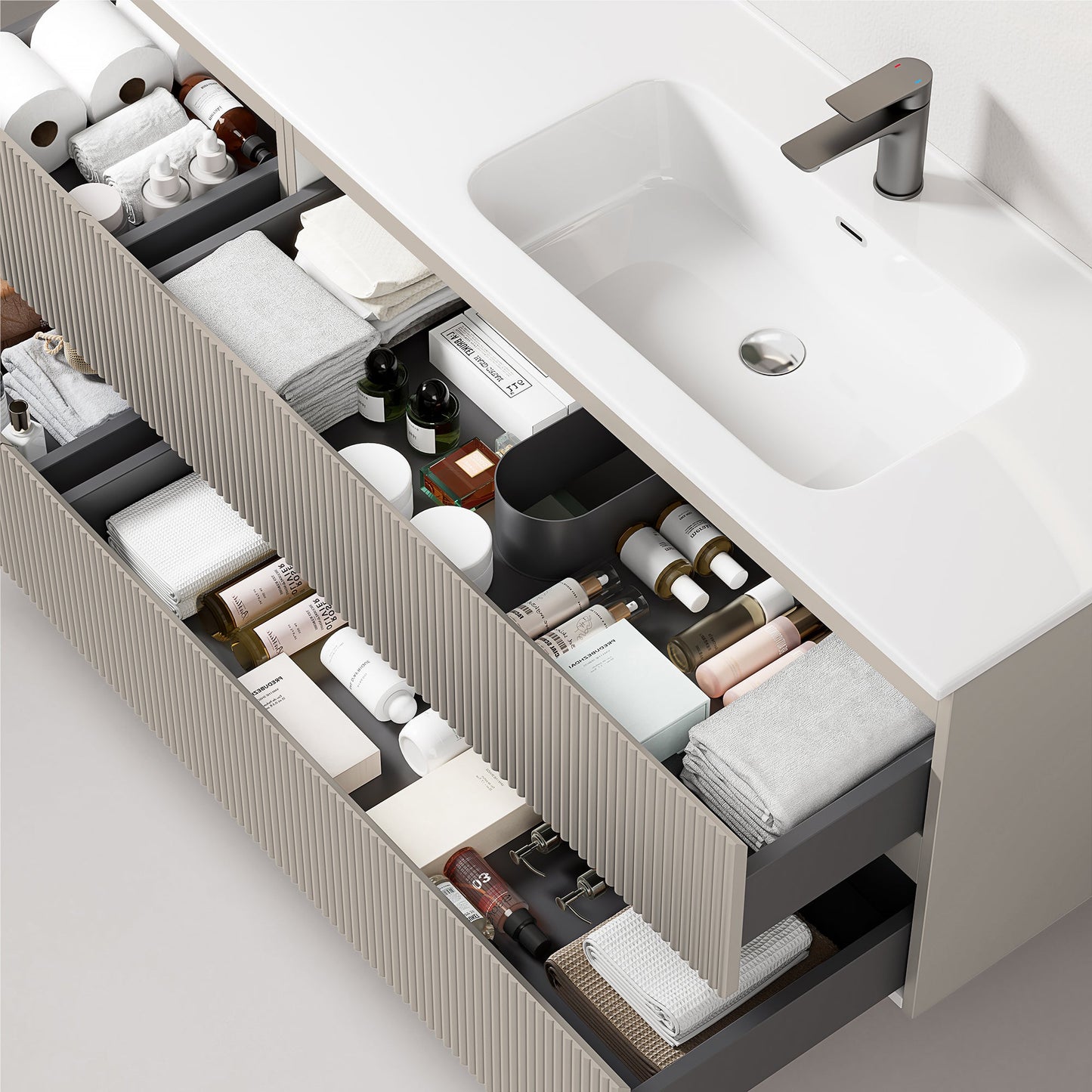 Mobile bagno sospeso cannettato 140 cm Grigio Cenere Lavabo a Destra in Resina Specchio Tondo Retroilluminato - Fiji Paint