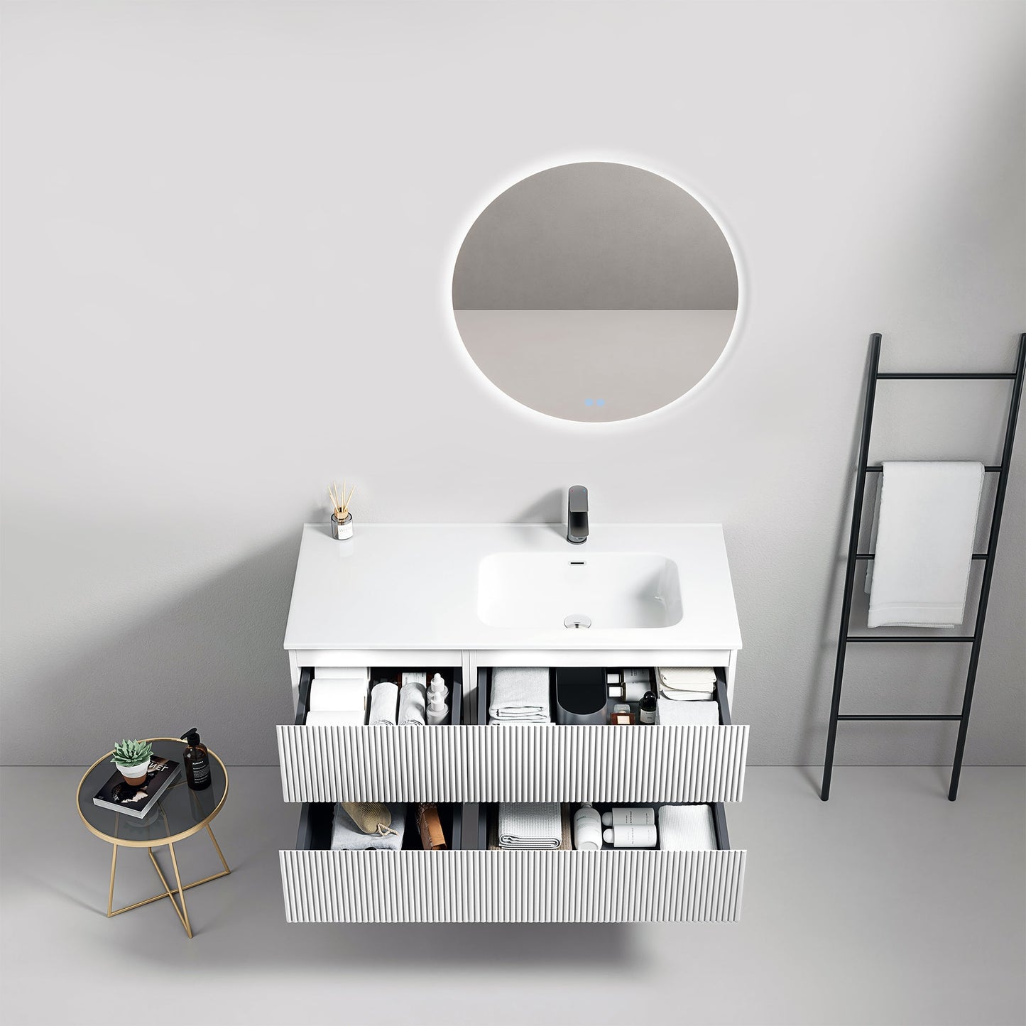 Mobile bagno sospeso cannettato 100 cm Bianco Lavabo a Destra in Ceramica Specchio Tondo Retroilluminato - Fiji Paint