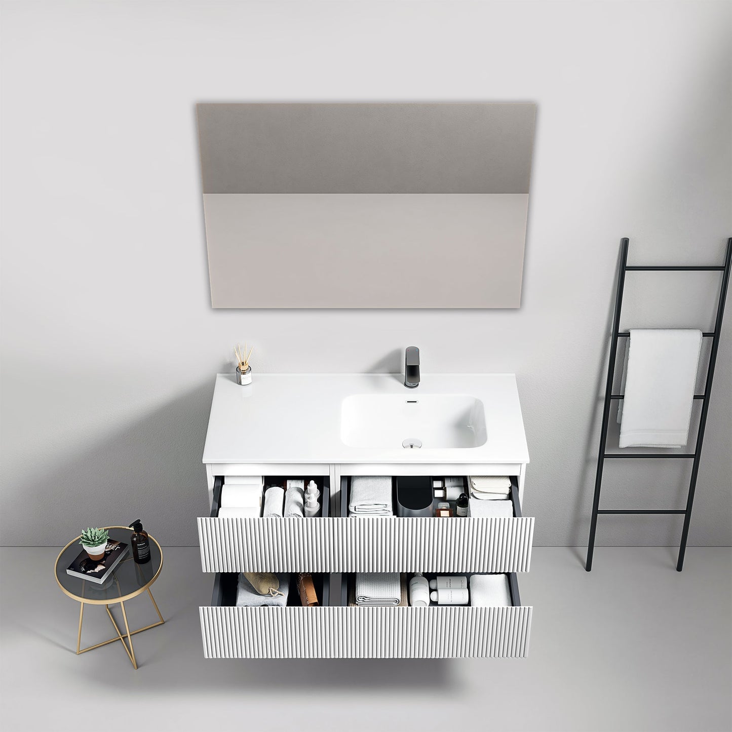 Mobile bagno sospeso cannettato 100 cm Bianco Lavabo a Destra in Ceramica Specchio Quadro - Fiji Paint