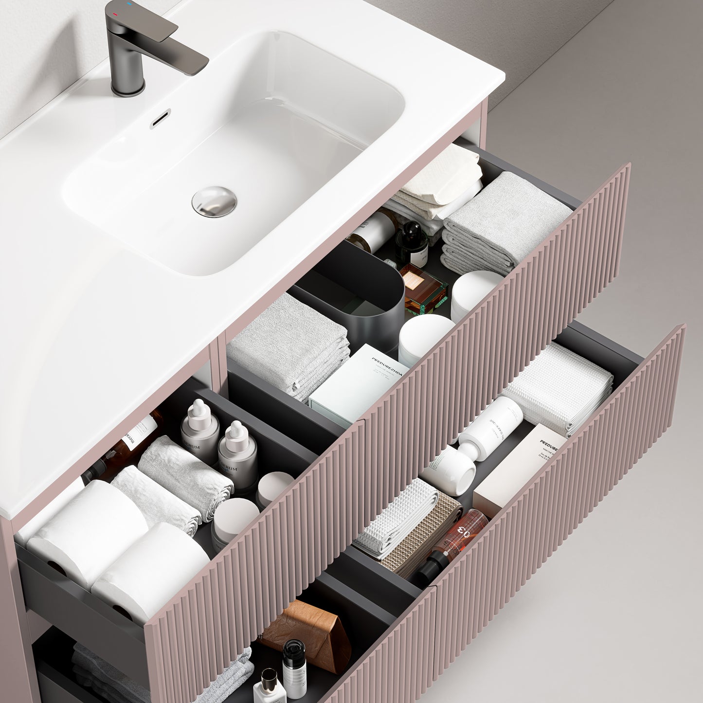 Mobile bagno sospeso cannettato 100 cm Rosa Retro Lavabo a Destra in Ceramica Senza Specchio - Fiji Paint con cassetti aperti