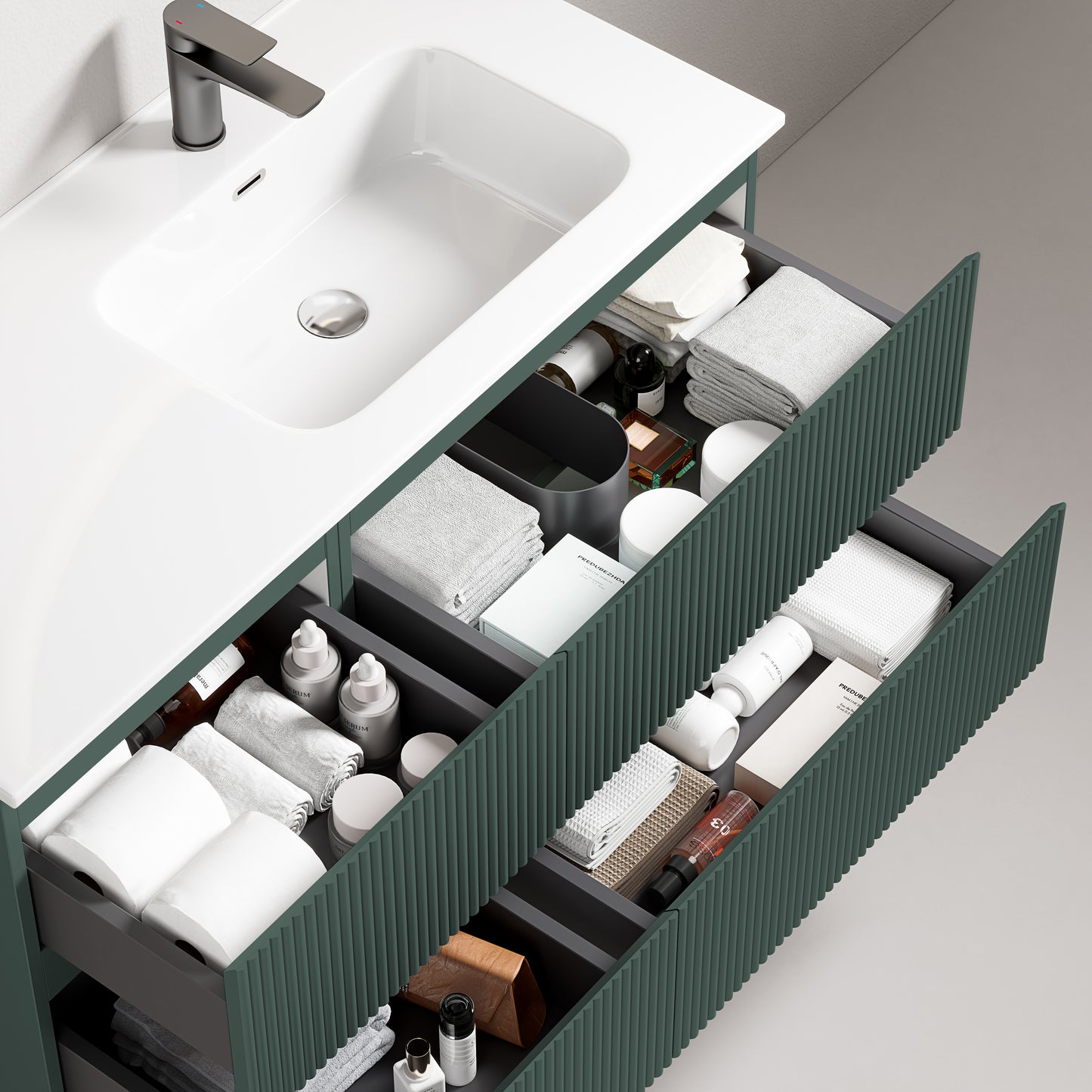 Mobile bagno sospeso cannettato 100 cm Verde Comodoro Lavabo a Destra in Ceramica Senza Specchio - Fiji Paint con cassetti organizzati.