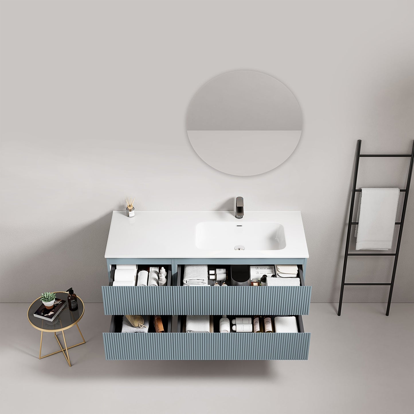 Mobile bagno sospeso cannettato 120 cm Blu Avio Lavabo a Destra in Ceramica Specchio Tondo - Fiji Paint.