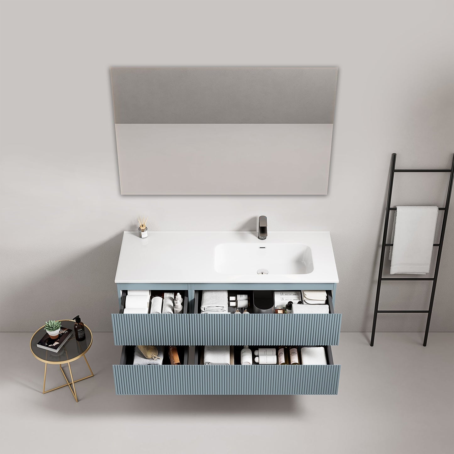 Mobile bagno sospeso cannettato 120 cm Blu Avio Lavabo a Destra in Ceramica Specchio Quadro - Fiji Paint