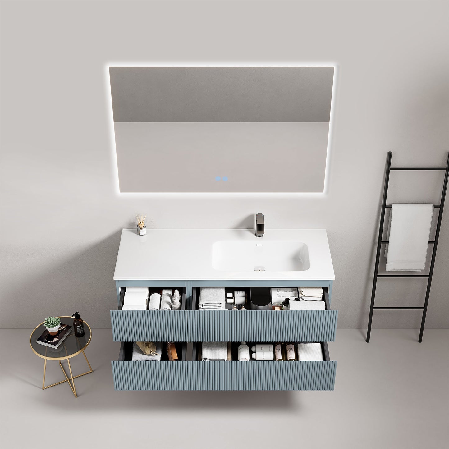 Mobile bagno sospeso cannettato 120 cm Blu Avio Lavabo a Destra in Ceramica Specchio Quadro Retroilluminato - Fiji Paint