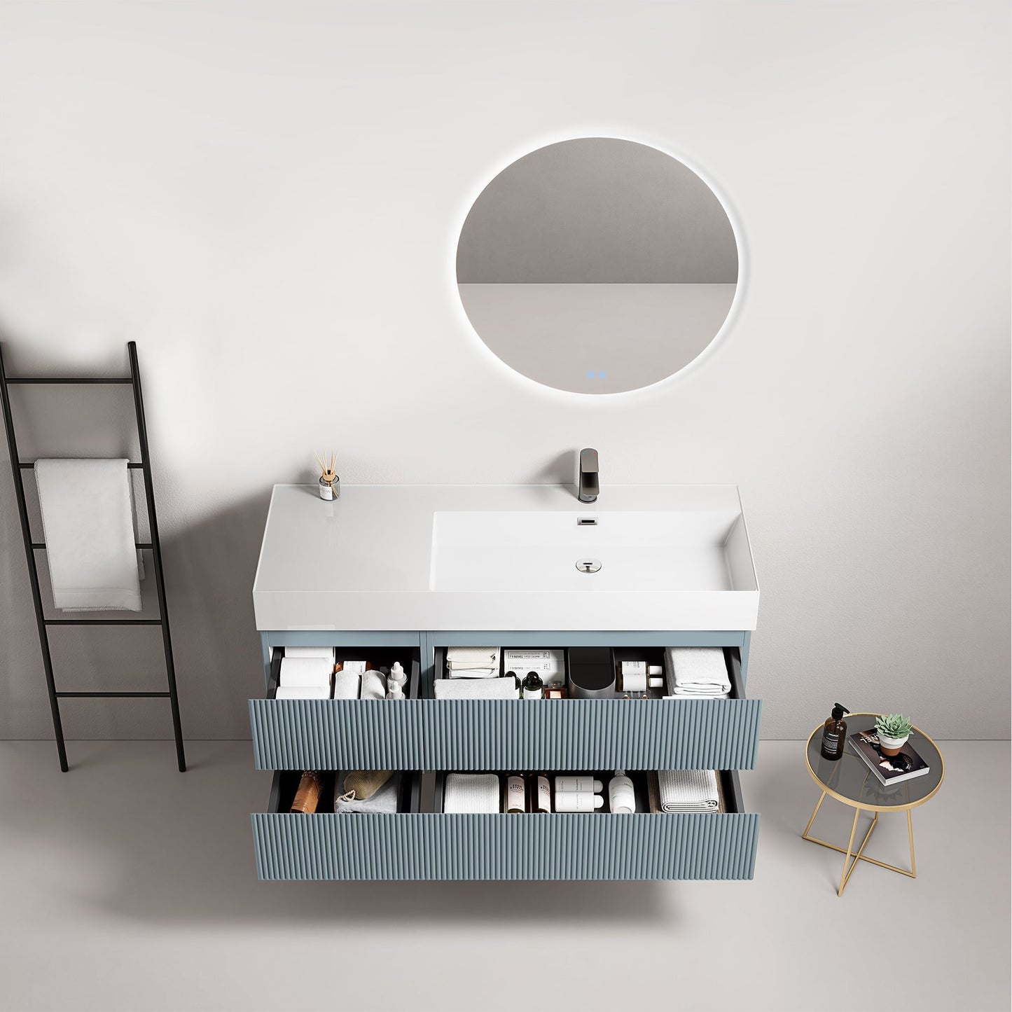 Mobile bagno sospeso cannettato 120 cm Blu Avio Lavabo a Destra in Resina Specchio Tondo Retroilluminato - Fiji Paint