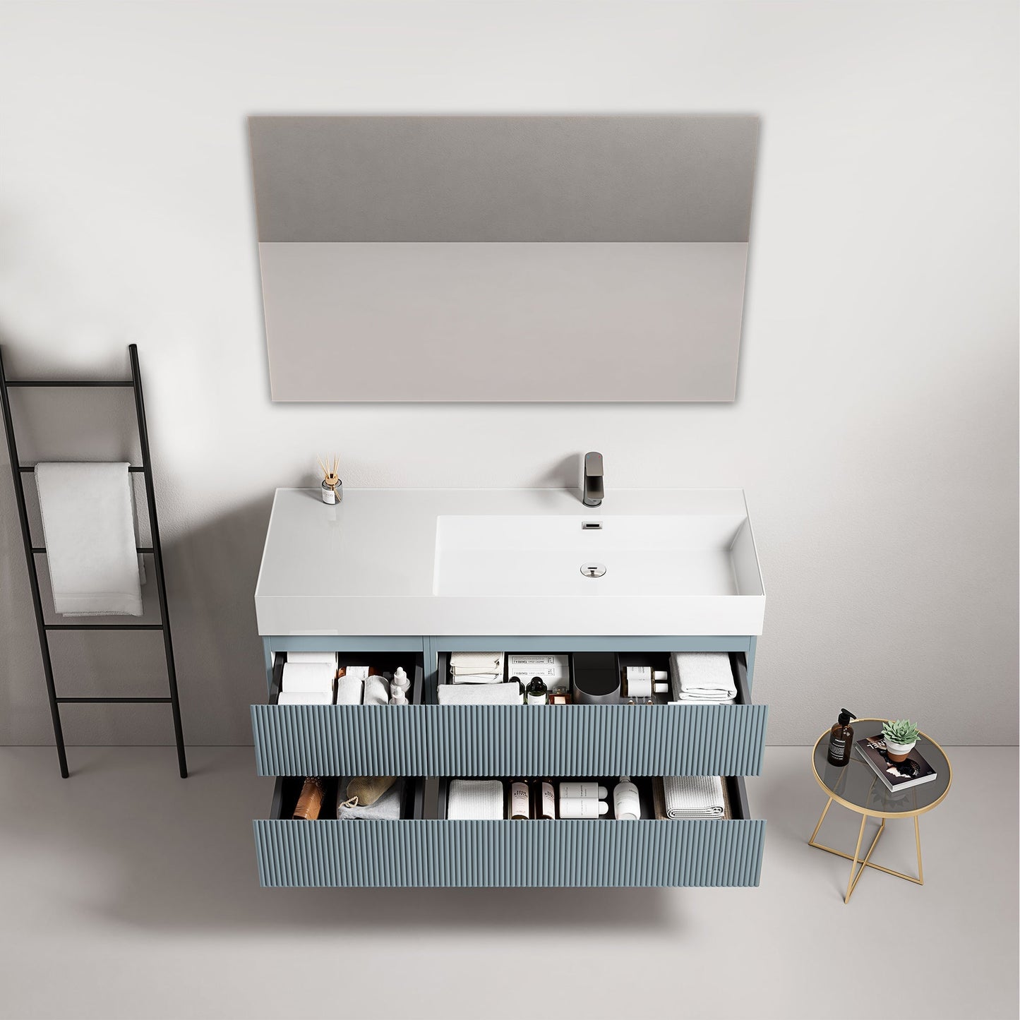 Mobile bagno sospeso cannettato 120 cm Blu Avio Lavabo a Destra in Resina Specchio Quadro - Fiji Paint