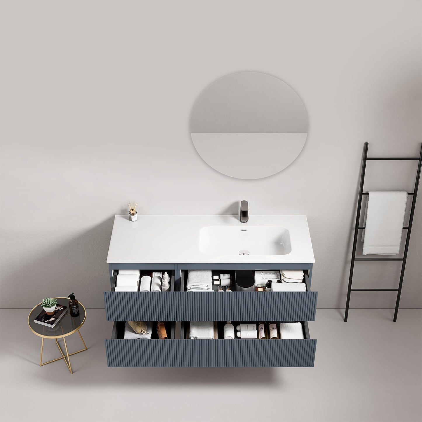 Mobile bagno sospeso cannettato 120 cm Blu Mare Lavabo a Destra in Ceramica Specchio Tondo - Fiji Paint