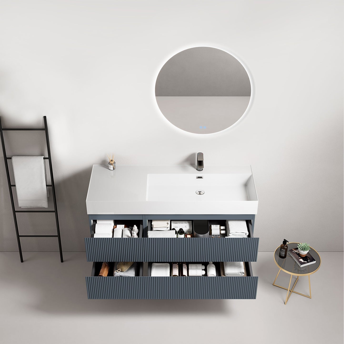 Mobile bagno sospeso cannettato 120 cm Blu Mare Lavabo a Destra in Resina Specchio Tondo Retroilluminato - Fiji Paint