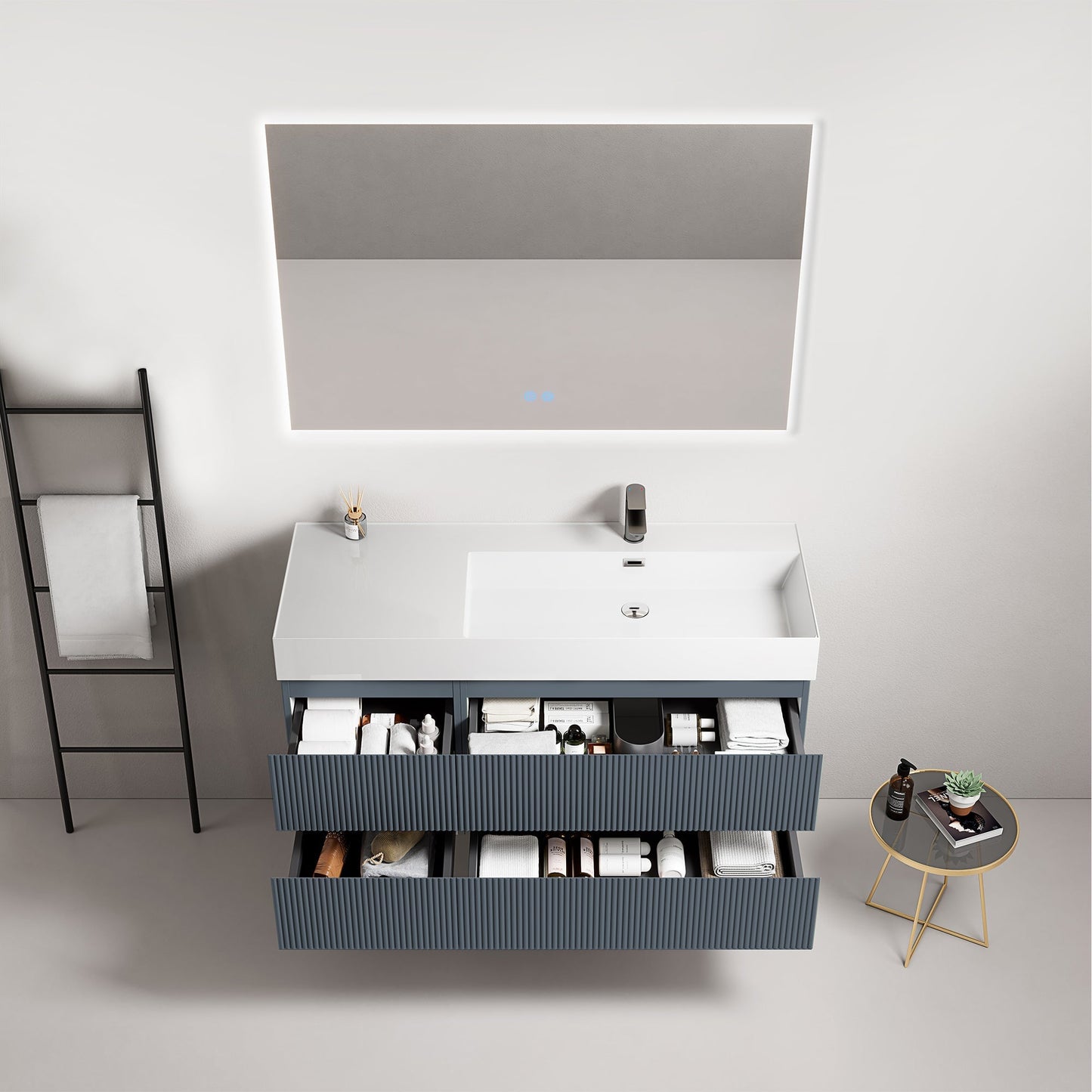 Mobile bagno sospeso cannettato 120 cm Blu Mare Lavabo a Destra in Resina Specchio Quadro Retroilluminato - Fiji Paint