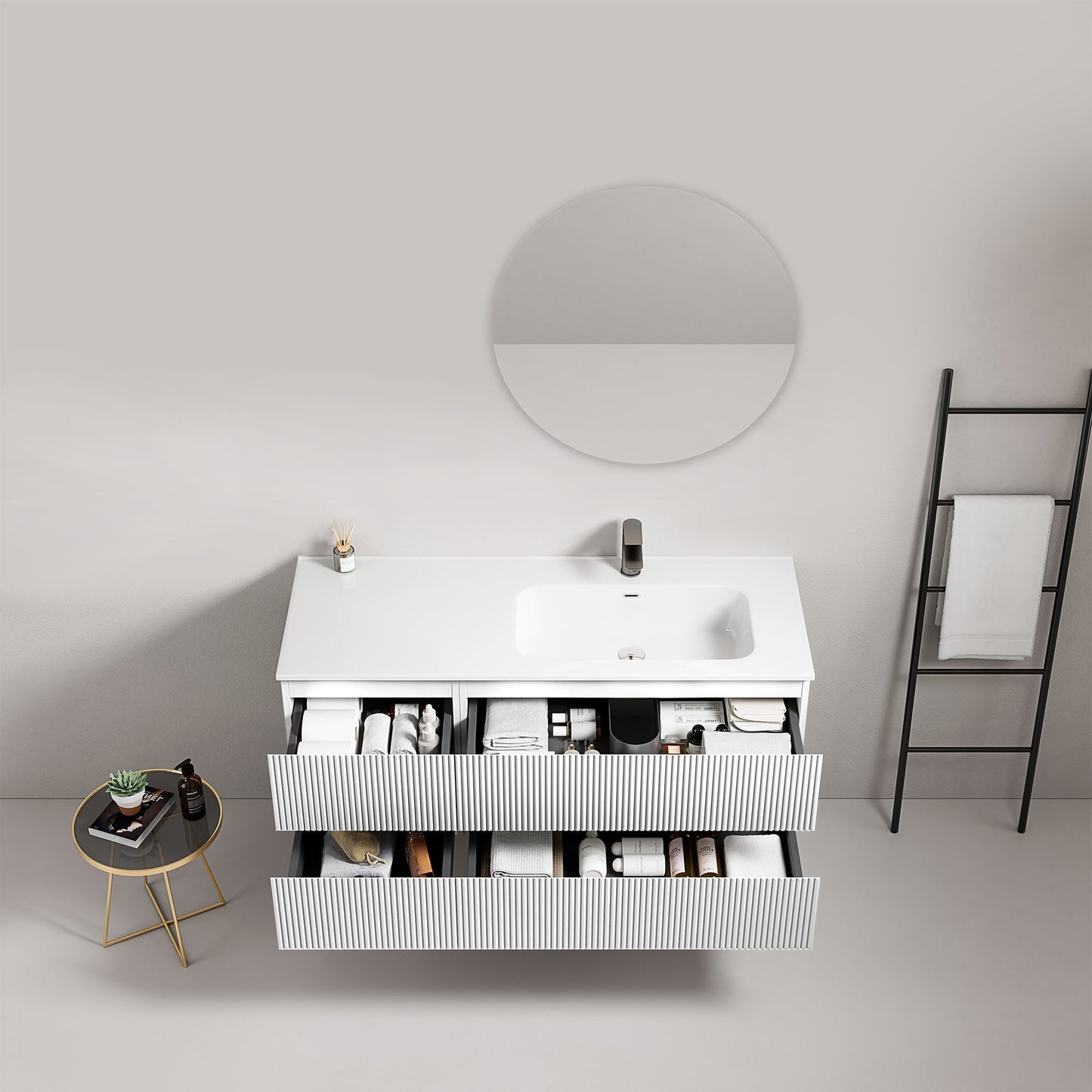 Mobile bagno sospeso cannettato 120 cm Bianco Lavabo a Destra in Ceramica Specchio Tondo - Fiji Paint con lavandino e cassetti.
