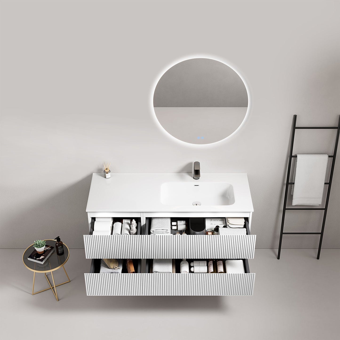 Mobile bagno sospeso cannettato 120 cm Bianco Lavabo a Destra in Ceramica Specchio Tondo Retroilluminato - Fiji Paint