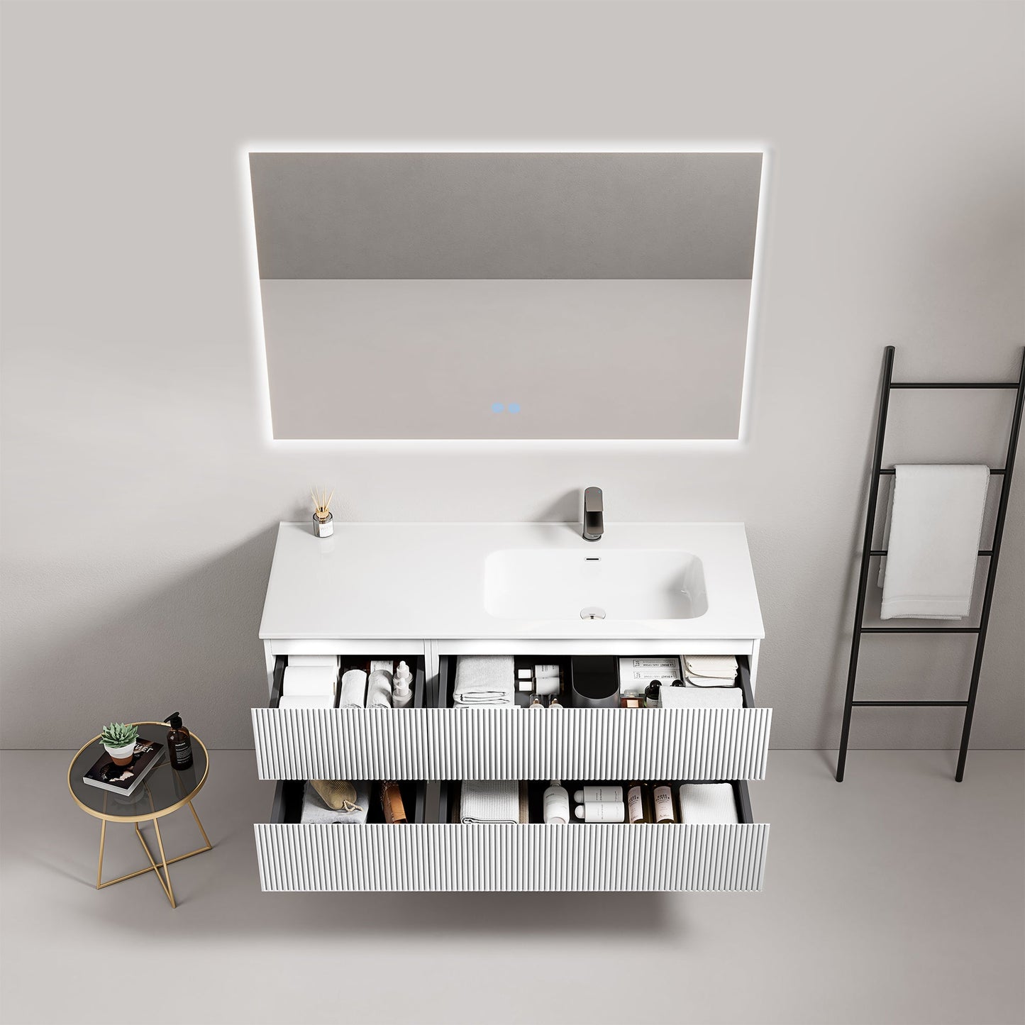 Mobile bagno sospeso cannettato 120 cm Bianco Lavabo a Destra in Ceramica Specchio Quadro Retroilluminato - Fiji Paint