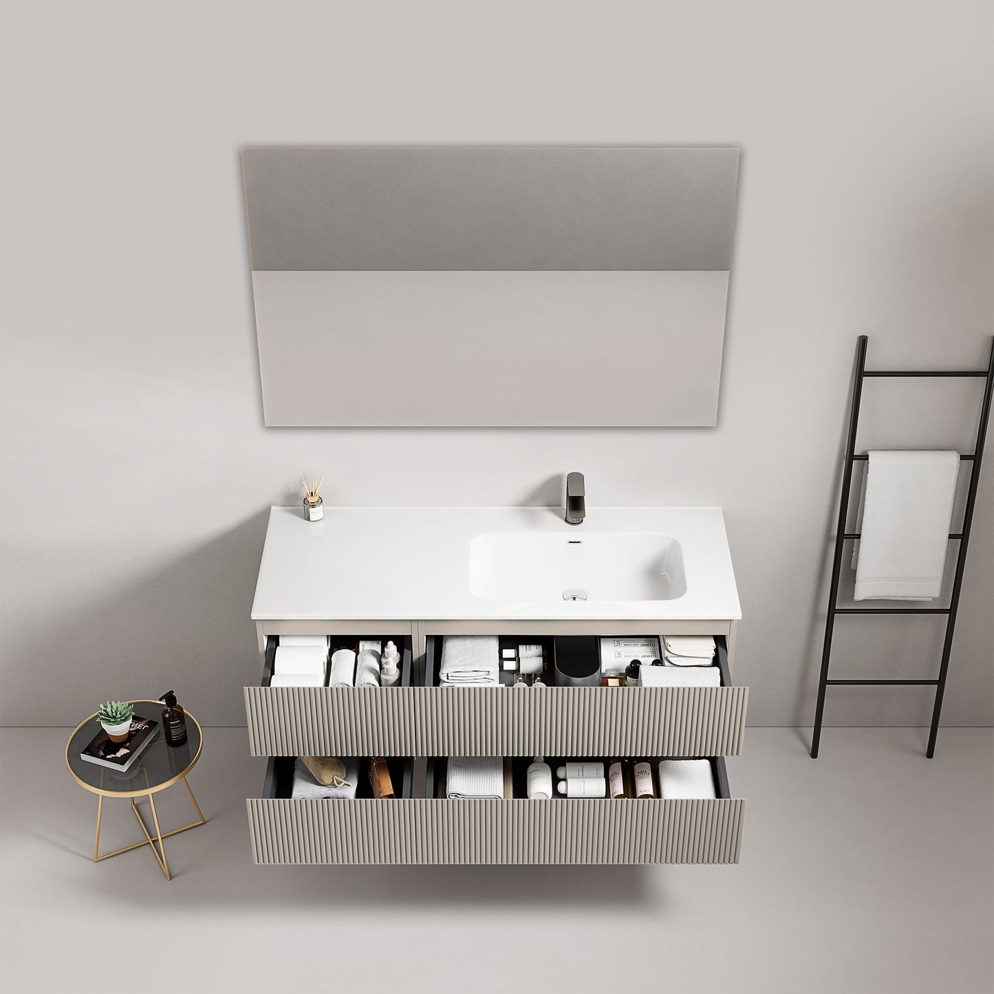 Mobile bagno sospeso cannettato 120 cm Grigio Cenere Lavabo a Destra in Ceramica Specchio Quadro - Fiji Paint