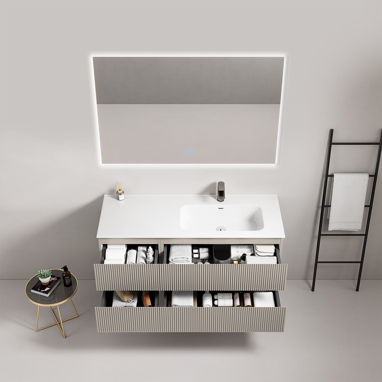 Mobile bagno sospeso cannettato 120 cm Grigio Cenere Lavabo a Destra in Ceramica Specchio Quadro Retroilluminato - Fiji Paint