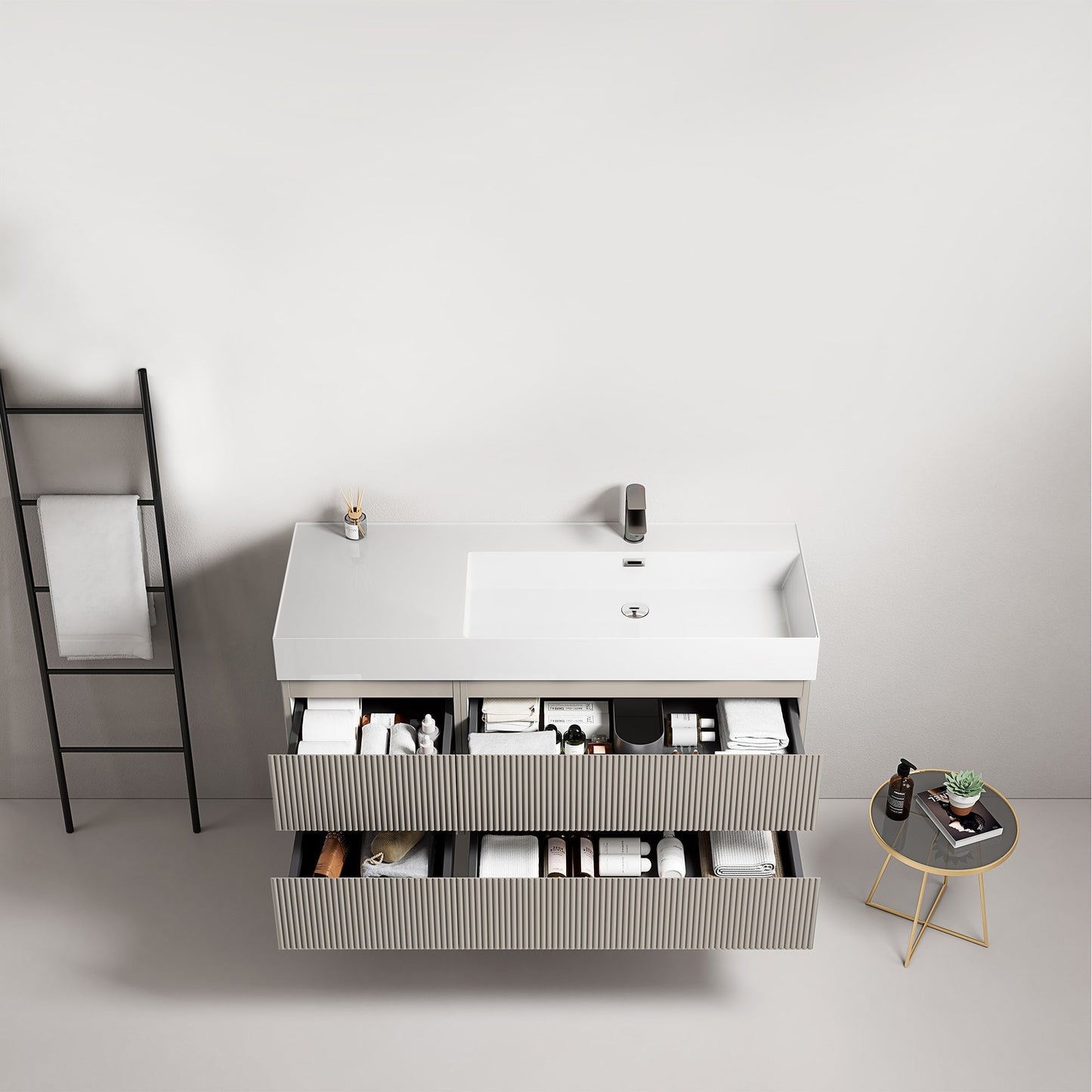 Mobile bagno sospeso cannettato 120 cm Grigio Cenere Lavabo a Destra in Resina Senza Specchio - Fiji Paint
