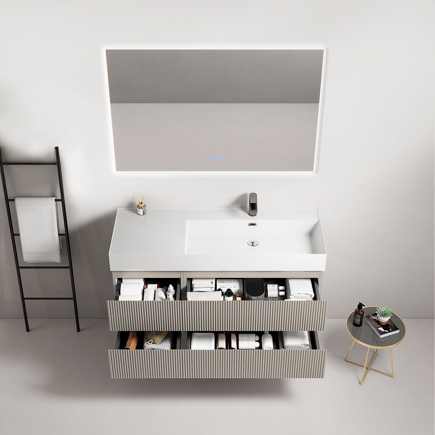 Mobile bagno sospeso cannettato 120 cm Grigio Cenere Lavabo a Destra in Resina Specchio Quadro Retroilluminato - Fiji Paint