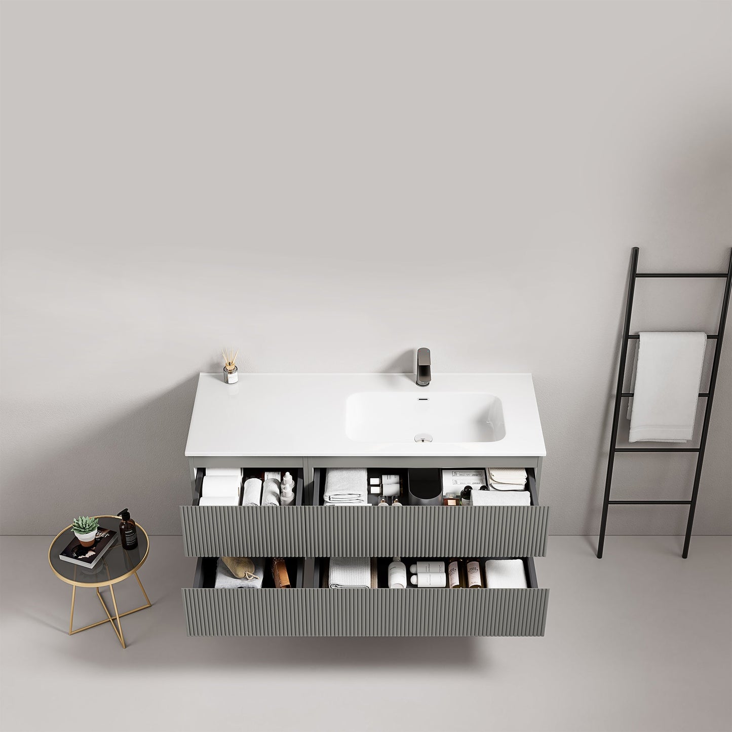 Mobile bagno sospeso cannettato 120 cm Grigio Londra Lavabo a Destra in Ceramica Senza Specchio - Fiji Paint