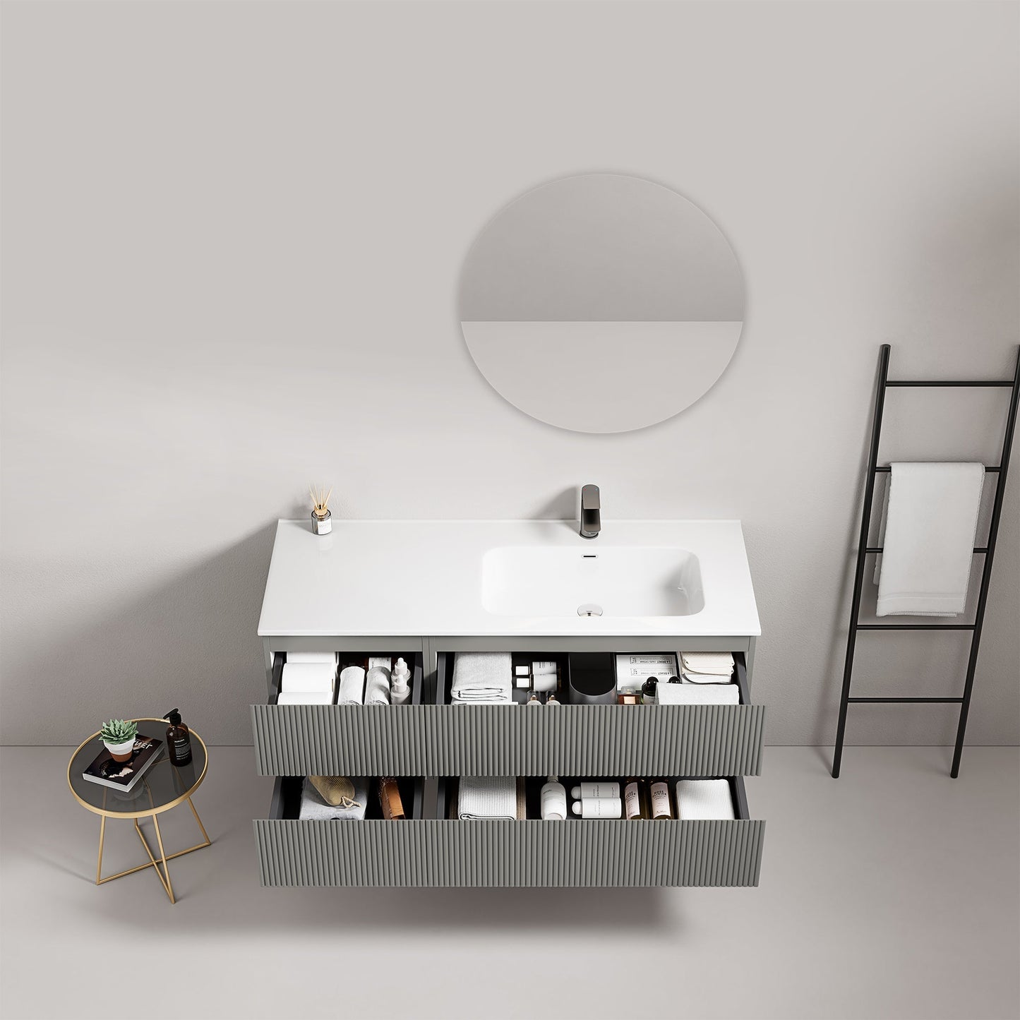 Mobile bagno sospeso cannettato 120 cm Grigio Londra Lavabo a Destra in Ceramica Specchio Tondo - Fiji Paint