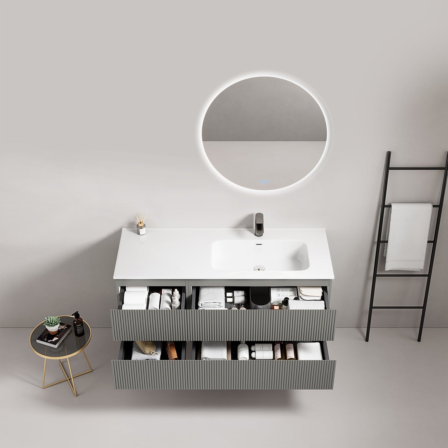 Mobile bagno sospeso cannettato 120 cm Grigio Londra Lavabo a Destra in Ceramica Specchio Tondo Retroilluminato - Fiji Paint