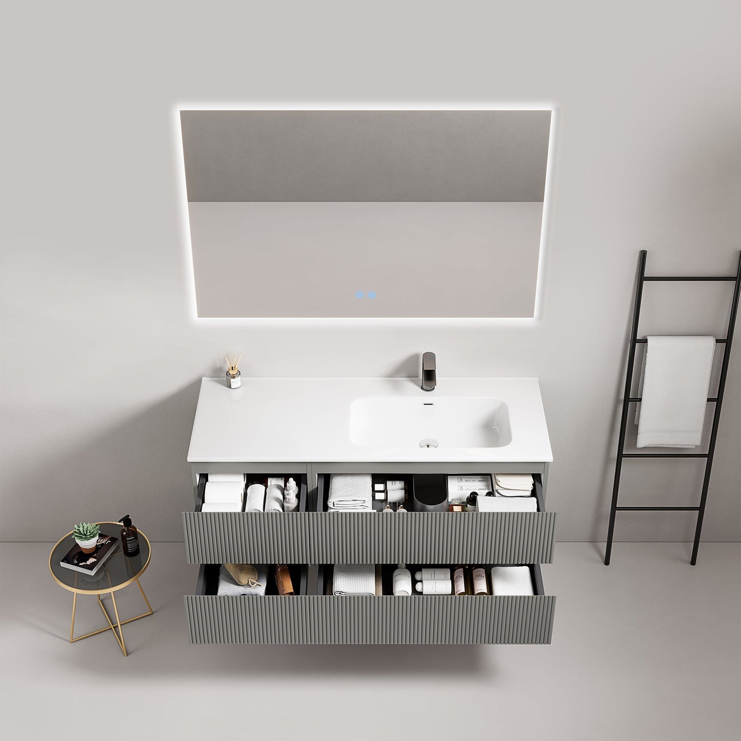 Mobile bagno sospeso cannettato 120 cm Grigio Londra Lavabo a Destra in Ceramica Specchio Quadro Retroilluminato - Fiji Paint