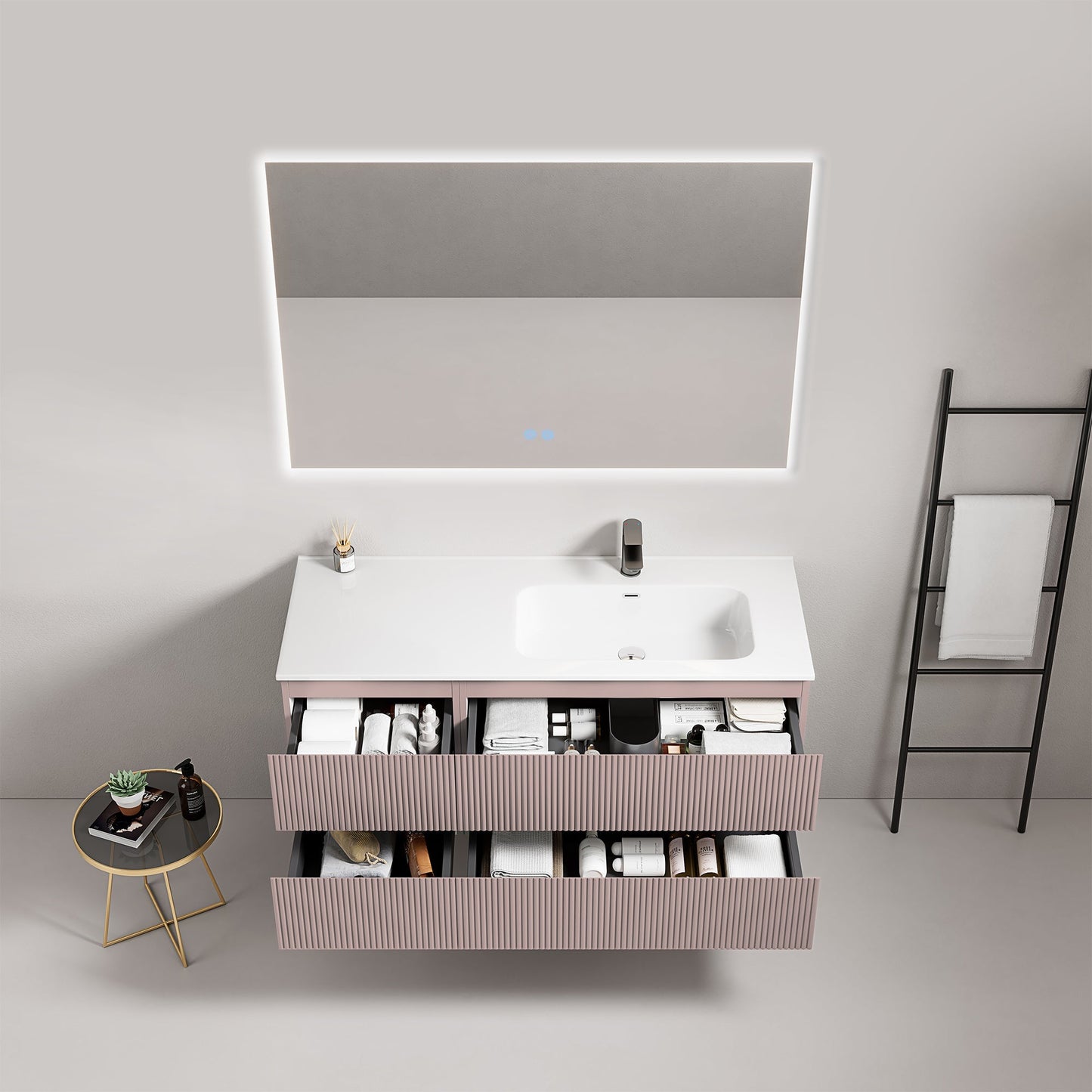 Mobile bagno sospeso cannettato 120 cm Rosa Retro Lavabo a Destra in Ceramica Specchio Quadro Retroilluminato - Fiji Paint