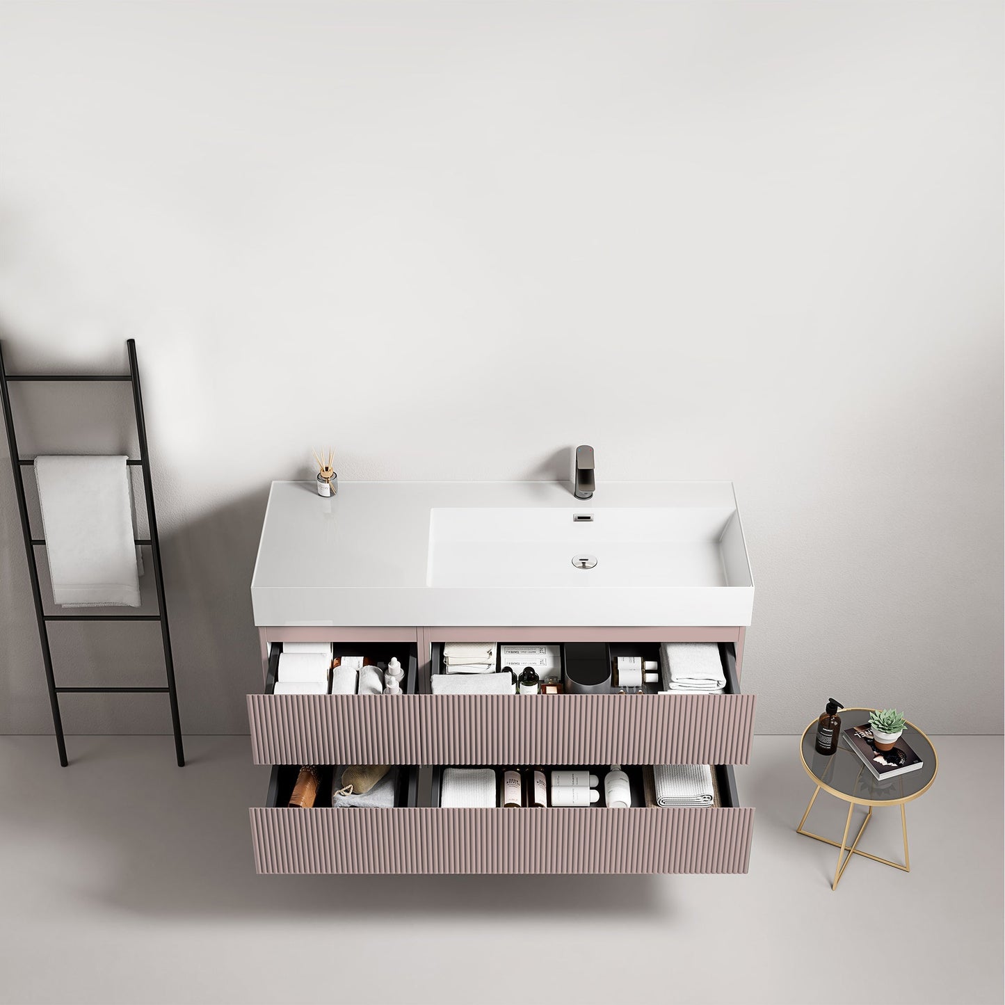Mobile bagno sospeso cannettato 120 cm Rosa Retro Lavabo a Destra in Resina Senza Specchio - Fiji Paint