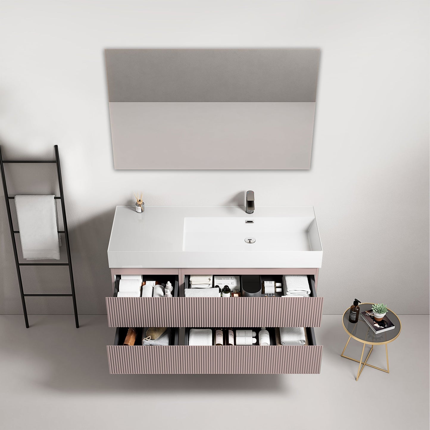 Mobile bagno sospeso cannettato 120 cm Rosa Retro Lavabo a Destra in Resina Specchio Quadro - Fiji Paint