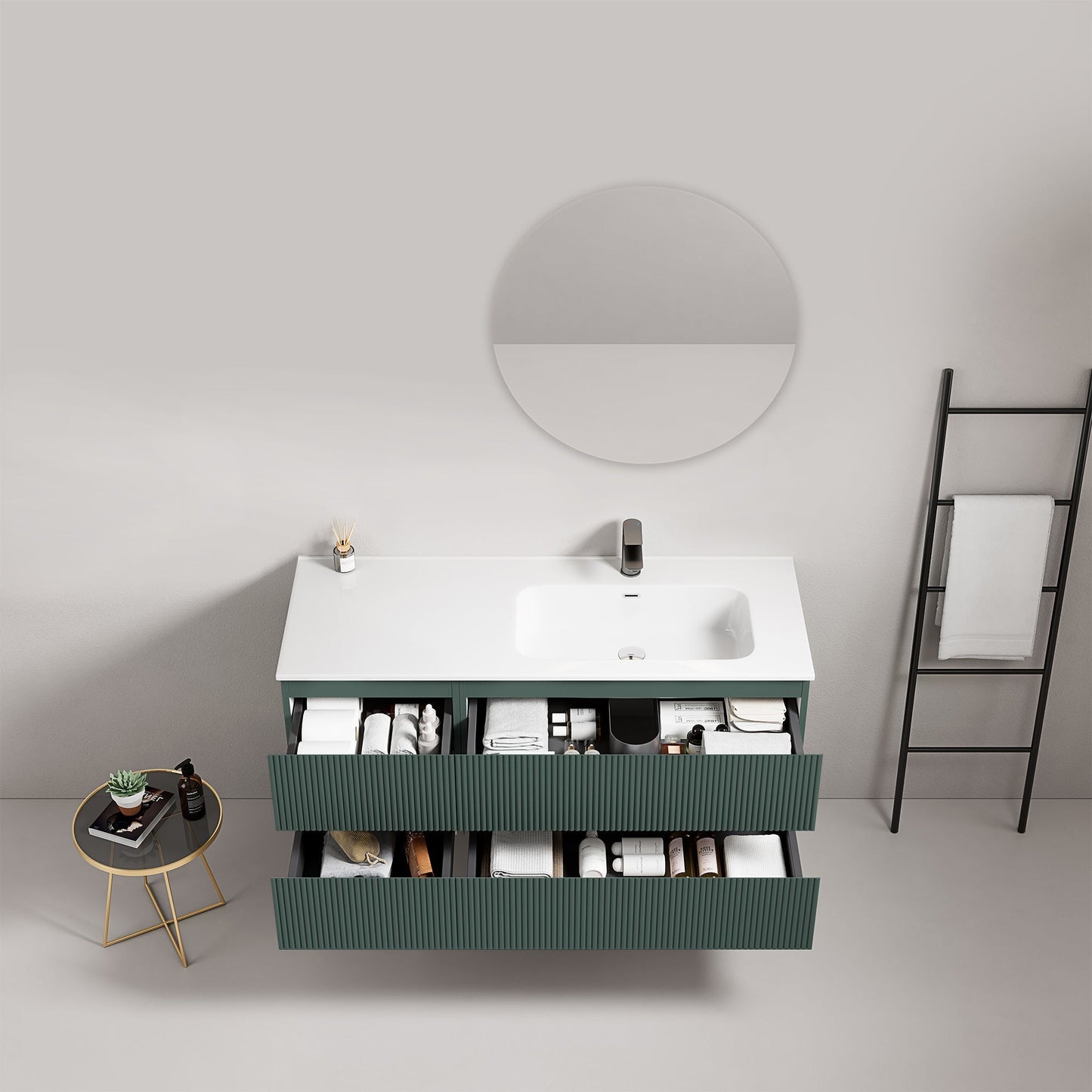 Mobile bagno sospeso cannettato 120 cm Verde Comodoro Lavabo a Destra in Ceramica Specchio Tondo - Fiji Paint