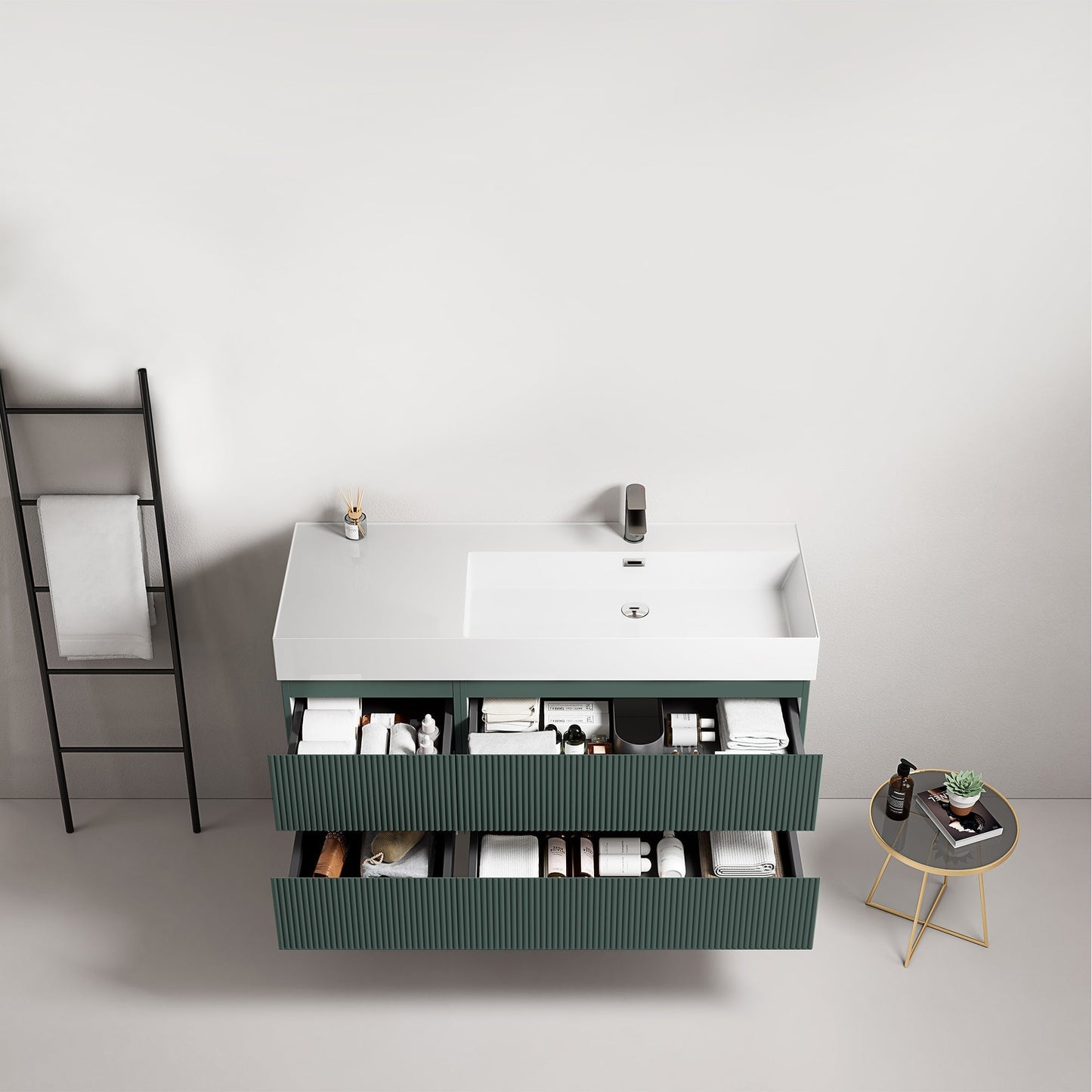 Mobile bagno sospeso cannettato 120 cm Verde Comodoro Lavabo a Destra in Resina Senza Specchio - Fiji Paint
