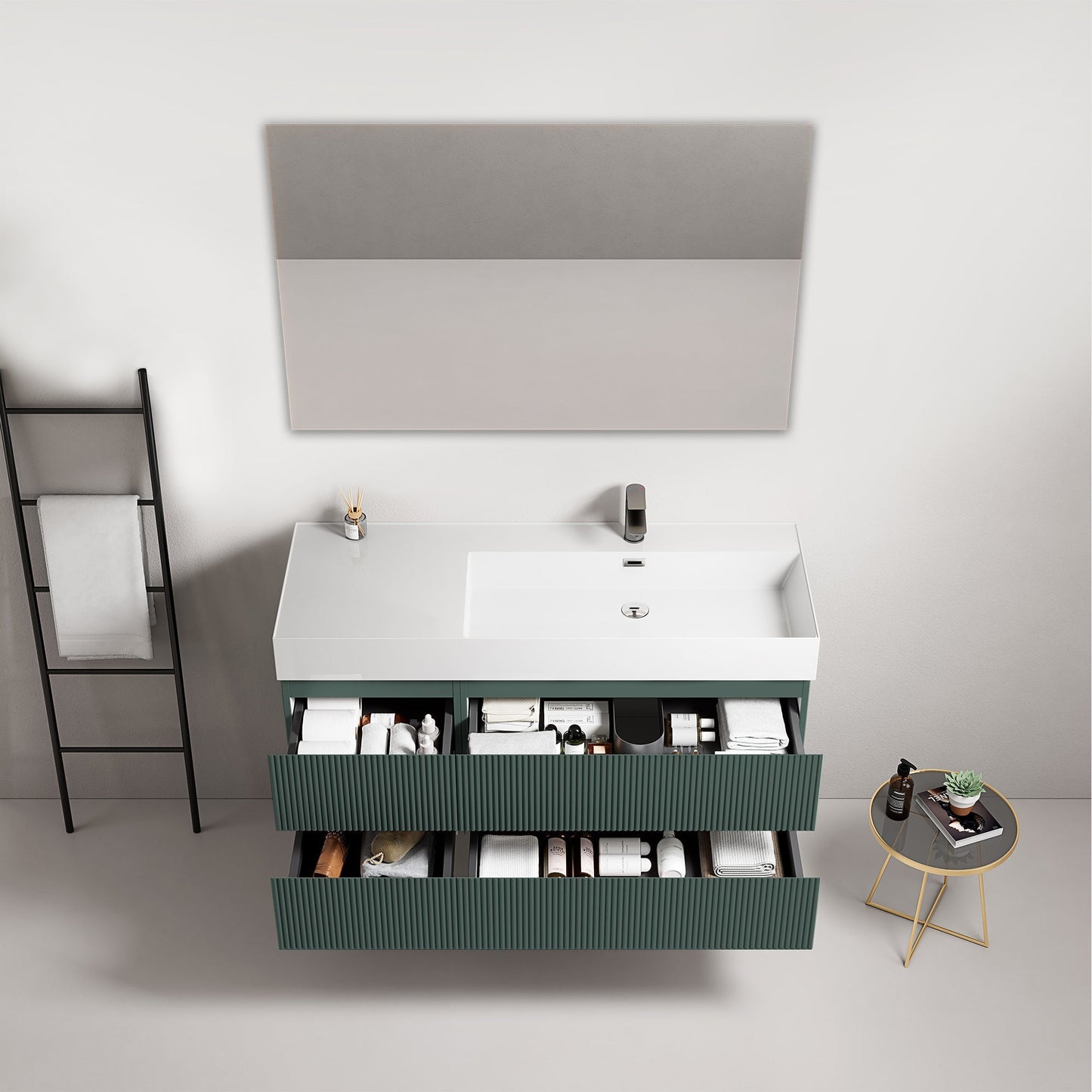 Mobile bagno sospeso cannettato 120 cm Verde Comodoro Lavabo a Destra in Resina Specchio Quadro - Fiji Paint