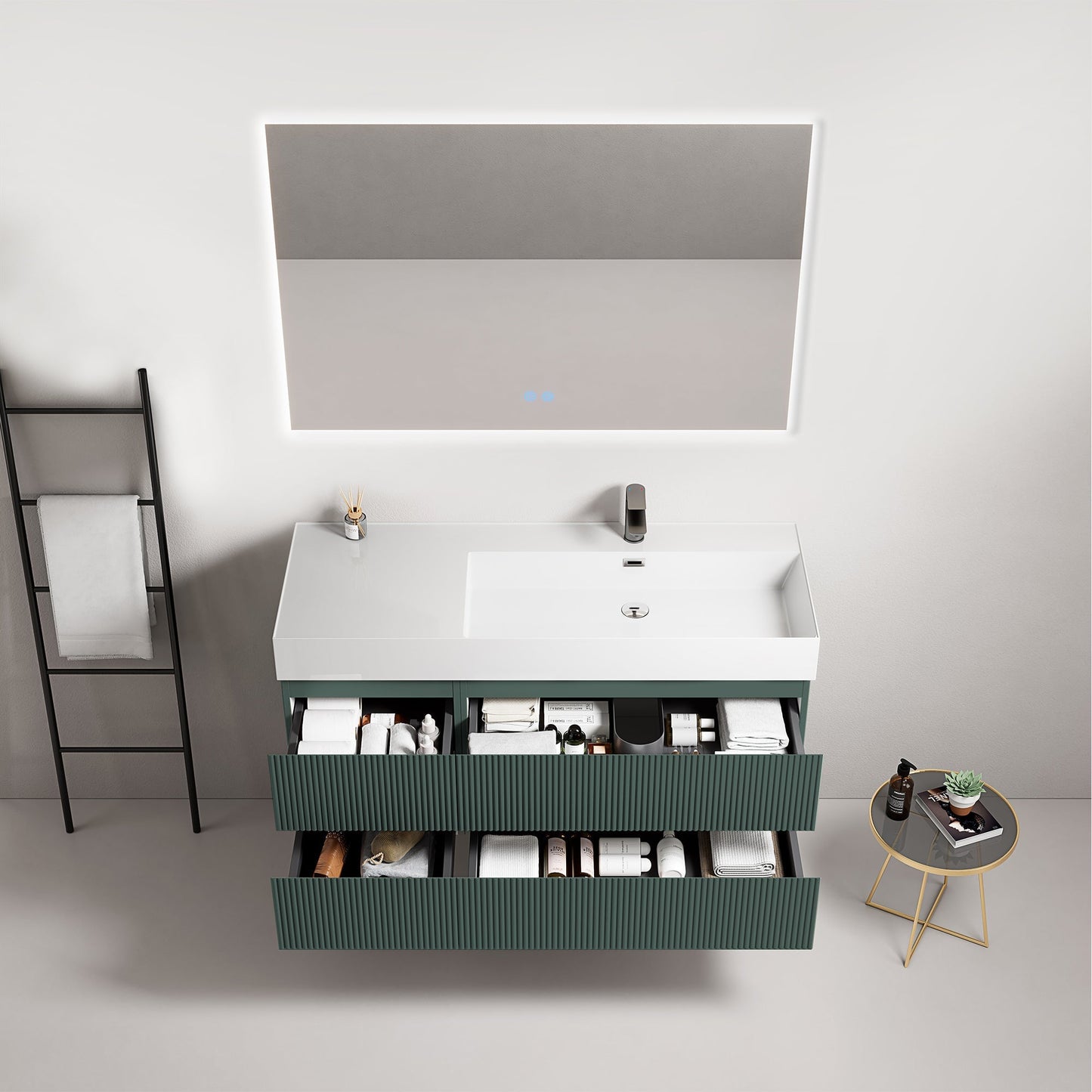 Mobile bagno sospeso cannettato 120 cm Verde Comodoro Lavabo a Destra in Resina Specchio Quadro Retroilluminato - Fiji Paint