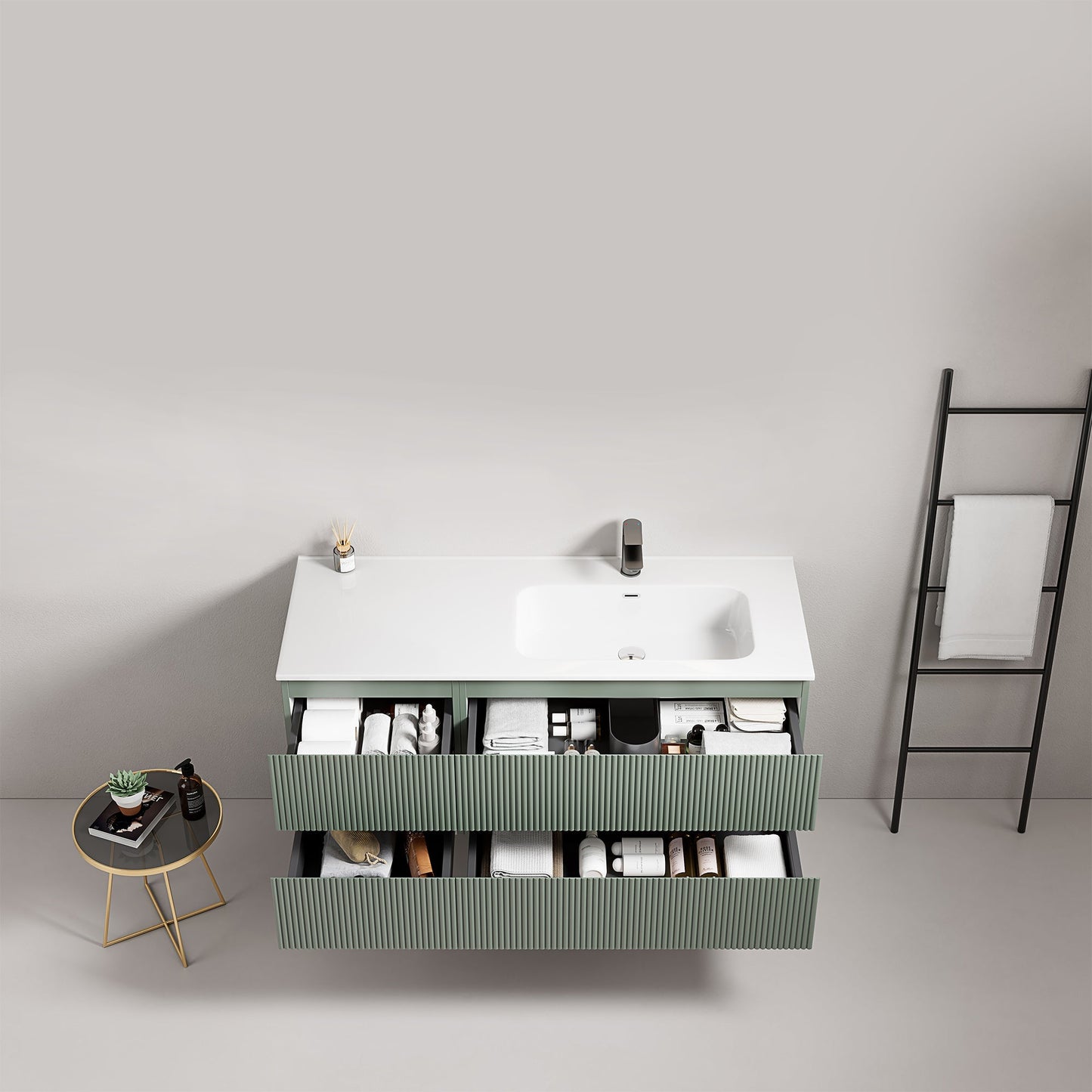 Mobile bagno sospeso cannettato 120 cm Verde Salvia Lavabo a Destra in Ceramica Senza Specchio - Fiji Paint