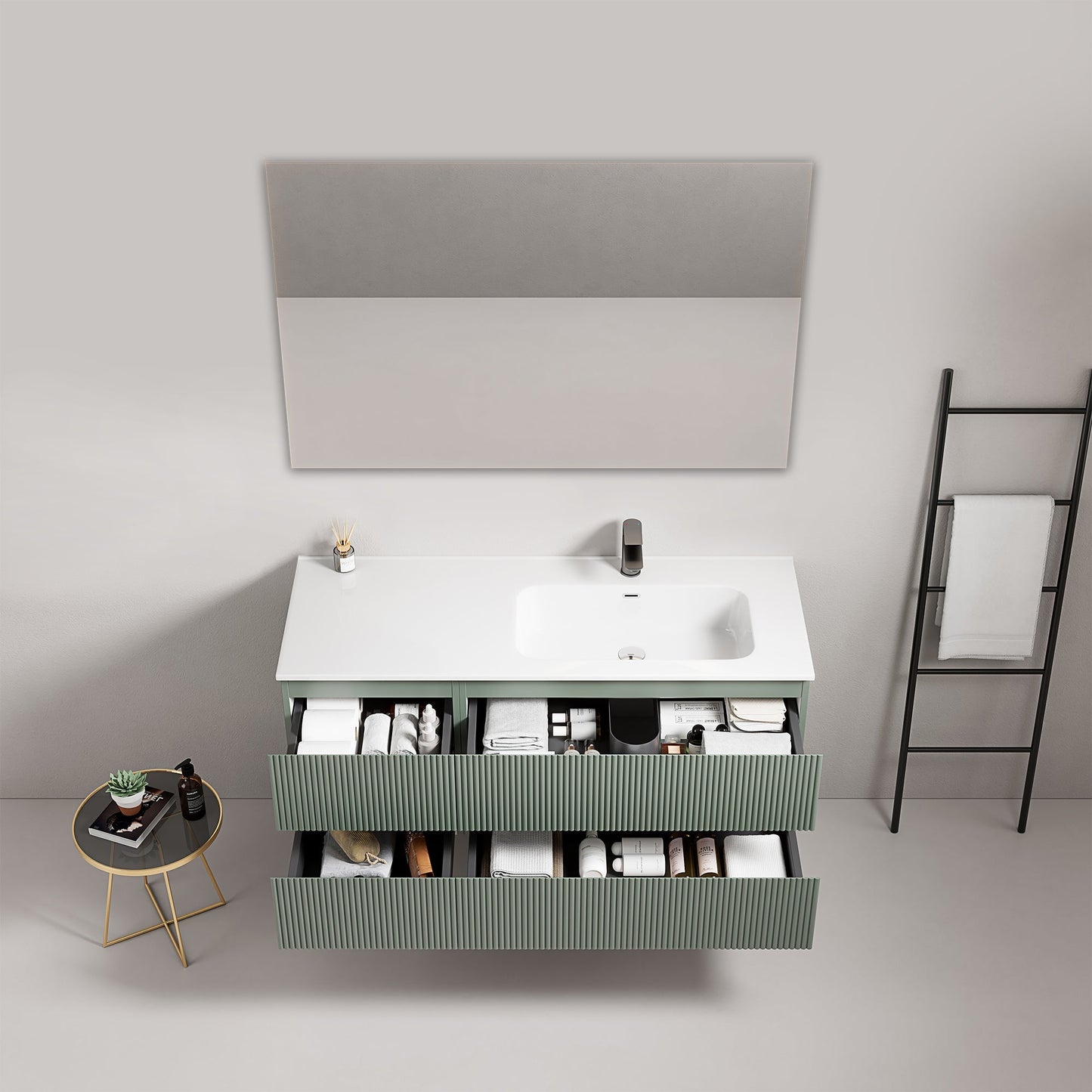 Mobile bagno sospeso cannettato 120 cm Verde Salvia Lavabo a Destra in Ceramica Specchio Quadro - Fiji Paint
