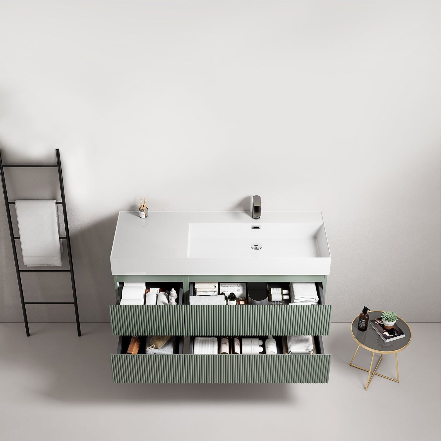 Mobile bagno sospeso cannettato 120 cm Verde Salvia Lavabo a Destra in Resina Senza Specchio - Fiji Paint