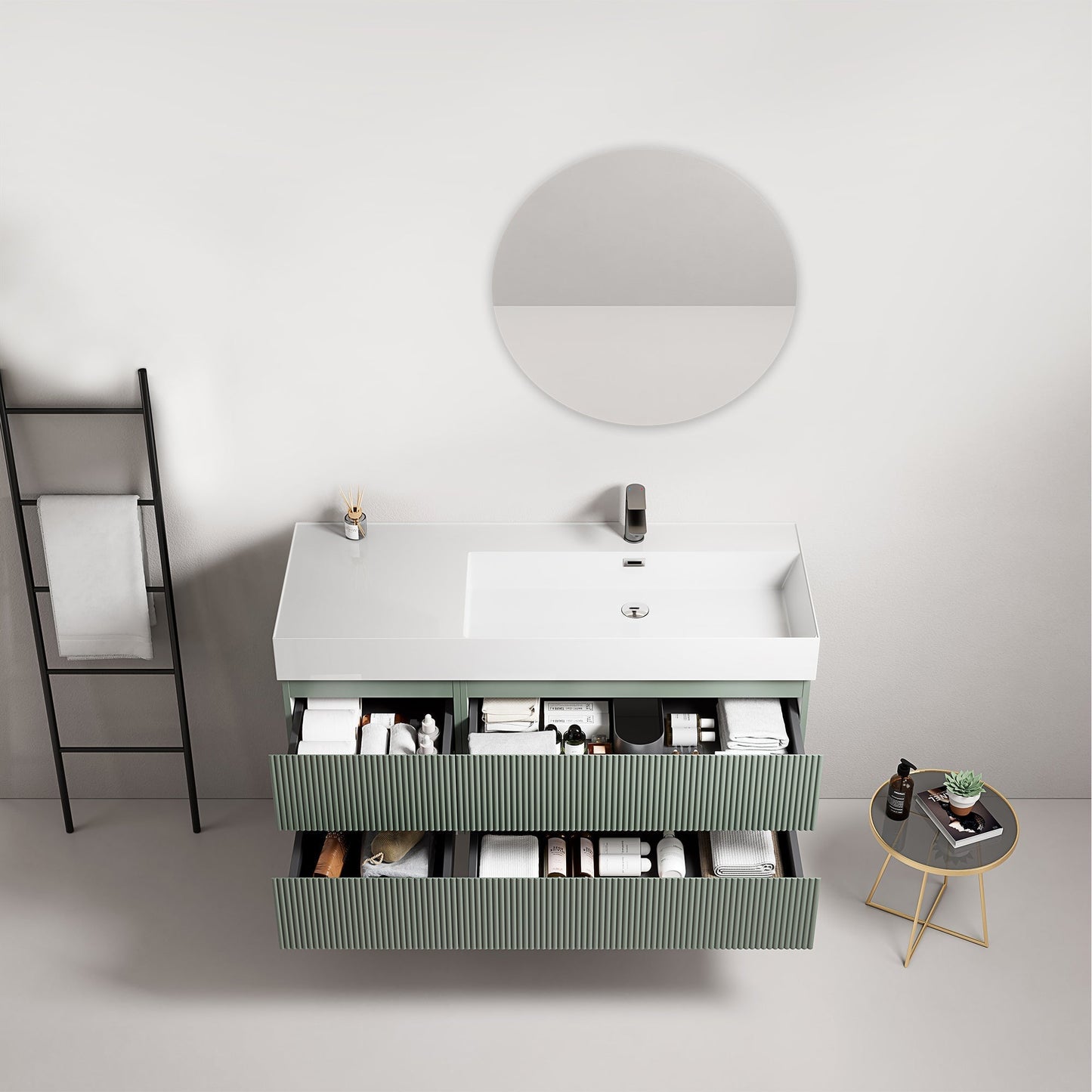 Mobile bagno sospeso cannettato 120 cm Verde Salvia Lavabo a Destra in Resina Specchio Tondo - Fiji Paint.
