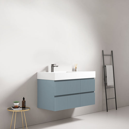 Mobile bagno sospeso cannettato 100 cm Blu Avio Lavabo a Sinistra in Resina Senza Specchio - Fiji Paint