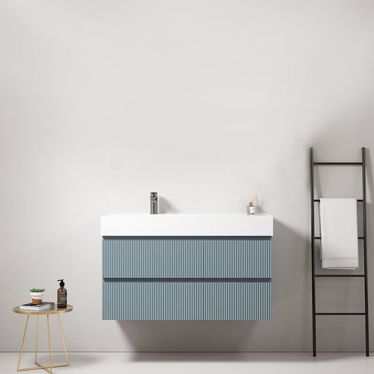 Mobile bagno sospeso cannettato 100 cm Blu Avio Lavabo a Sinistra in Resina Senza Specchio - Fiji Paint