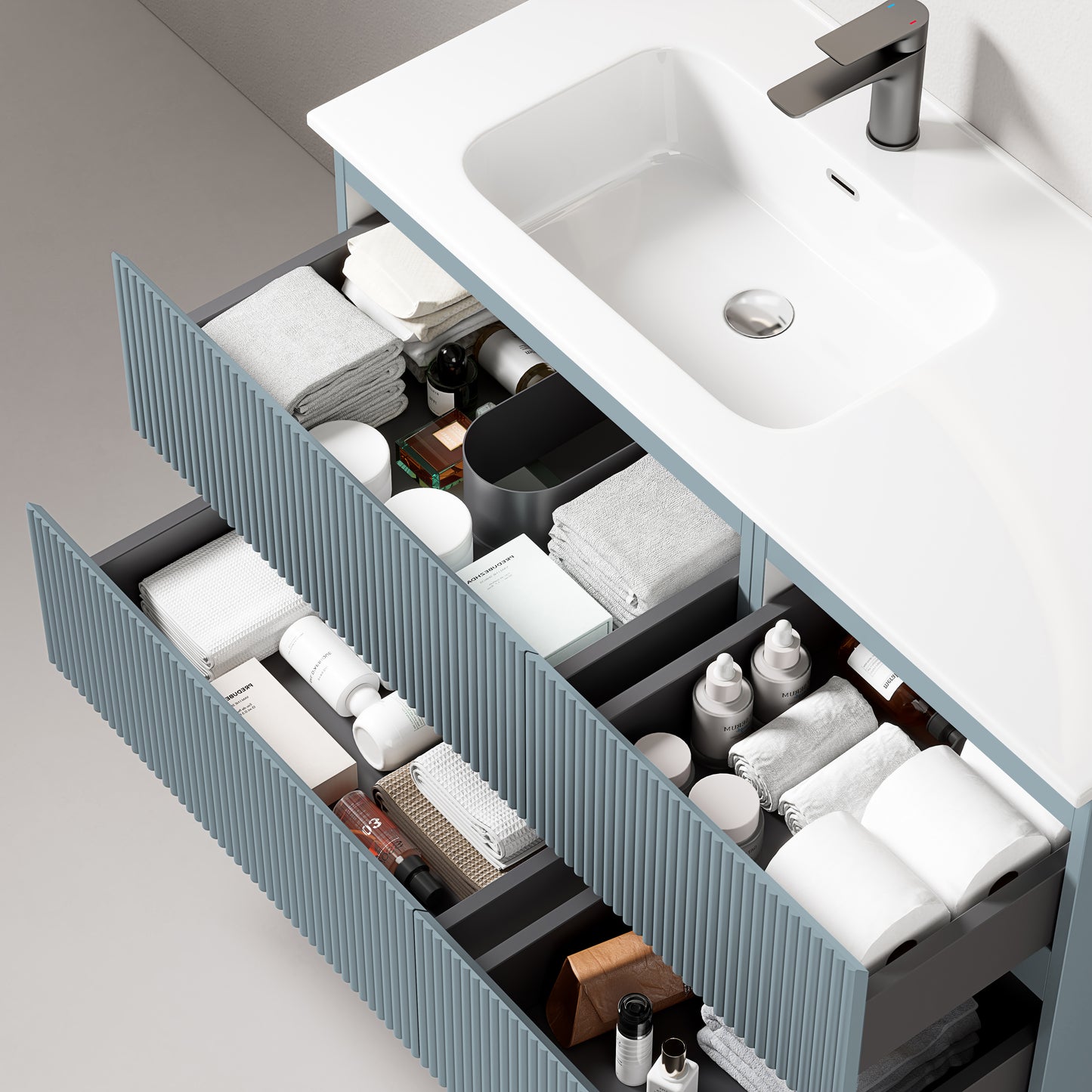 Mobile bagno sospeso cannettato 100 cm Blu Avio Lavabo a Sinistra in Ceramica Senza Specchio - Fiji Paint con lavandino e cassetti pieni.