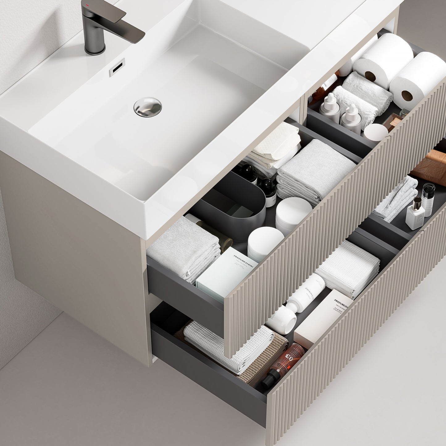 Mobile bagno sospeso cannettato 100 cm Grigio Cenere Lavabo a Sinistra in Resina Senza Specchio - Fiji Paint con cassetti organizzati.
