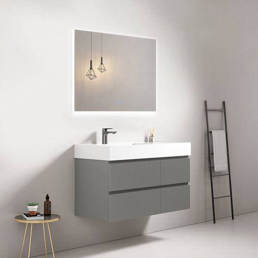 Mobile bagno sospeso cannettato 100 cm Grigio Londra Lavabo a Sinistra in Resina Specchio Quadro Retroilluminato - Fiji Paint