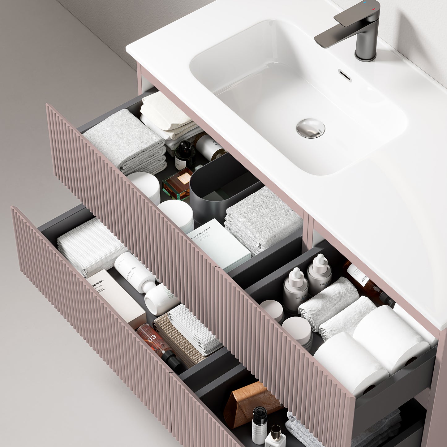 Mobile bagno sospeso cannettato 100 cm Rosa Retro Lavabo a Sinistra in Ceramica Senza Specchio - Fiji Paint con cassetti organizzati.