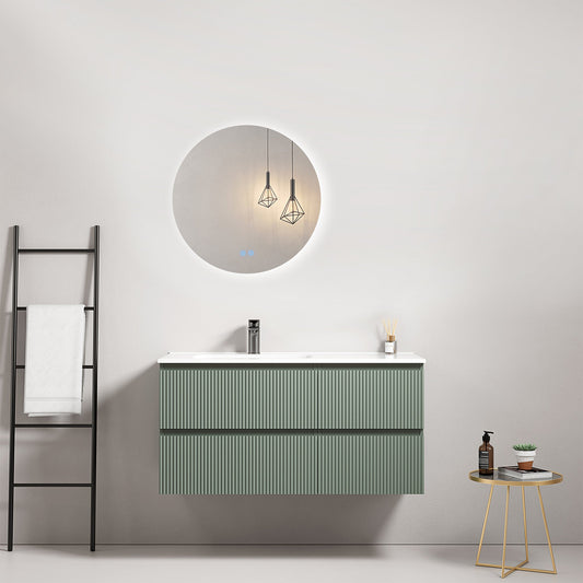 Mobile bagno sospeso cannettato 100 cm Verde Salvia Lavabo a Sinistra in Ceramica Specchio Tondo Retroilluminato - Fiji Paint