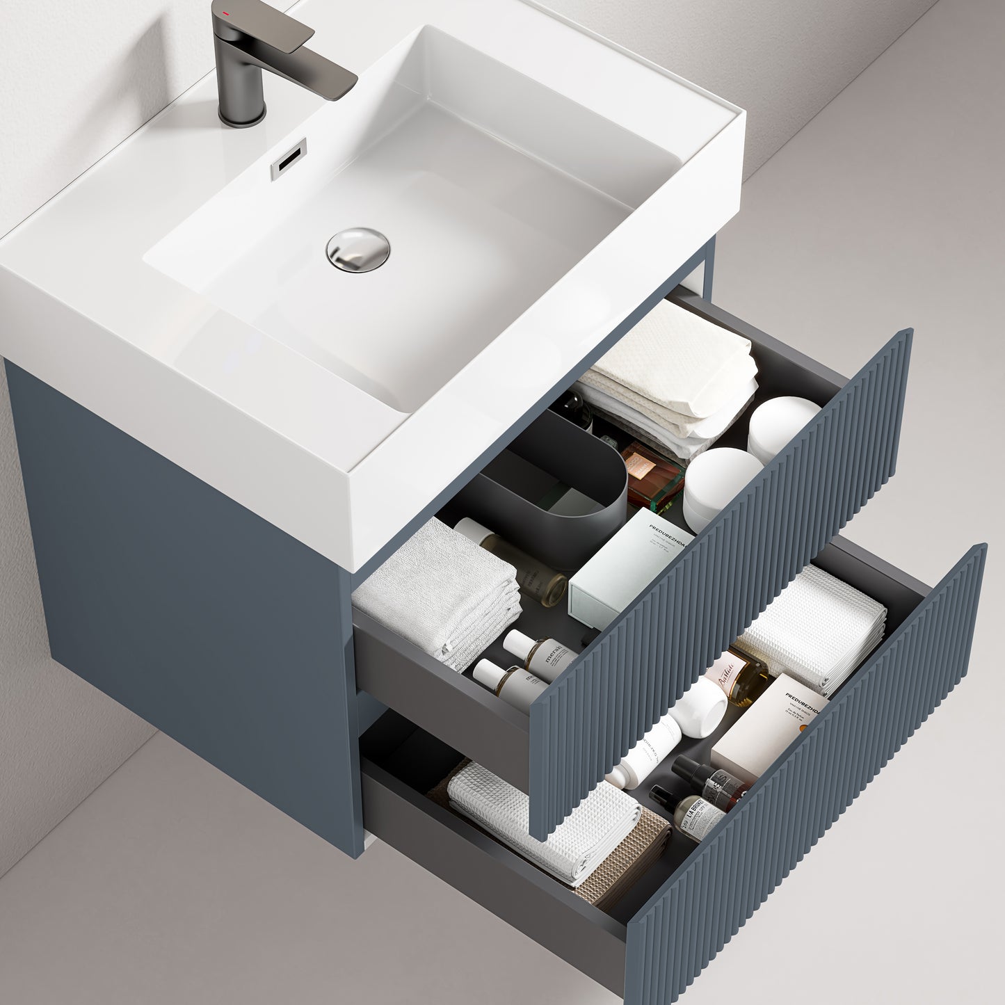 Mobile bagno sospeso cannettato 60 cm Blu Mare Lavabo in Resina Specchio Quadro - Fiji Paint