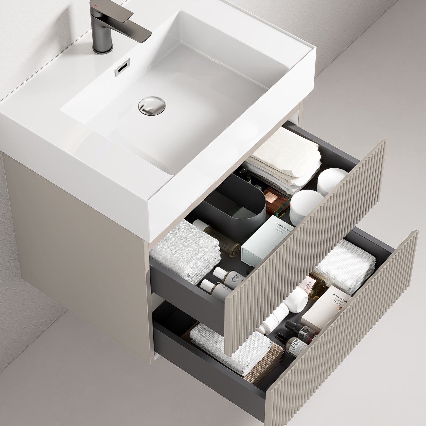 Mobile bagno sospeso cannettato 60 cm Grigio Cenere Lavabo in Resina Specchio Quadro - Fiji Paint