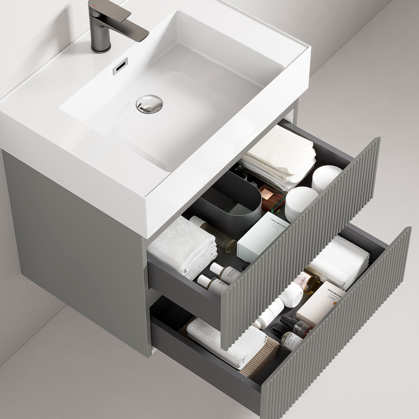 Mobile bagno sospeso cannettato 60 cm Grigio Londra Lavabo in Resina Specchio Quadro - Fiji Paint