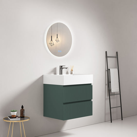 Mobile bagno sospeso cannettato 60 cm Verde Comodoro Lavabo in Resina Specchio Tondo Retroilluminato - Fiji Paint