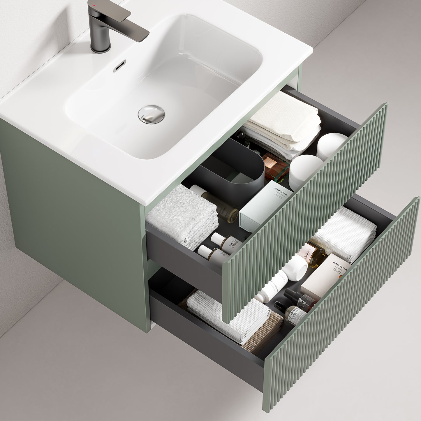 Mobile bagno sospeso cannettato 60 cm Verde Salvia Lavabo in Ceramica Senza Specchio - Fiji Paint