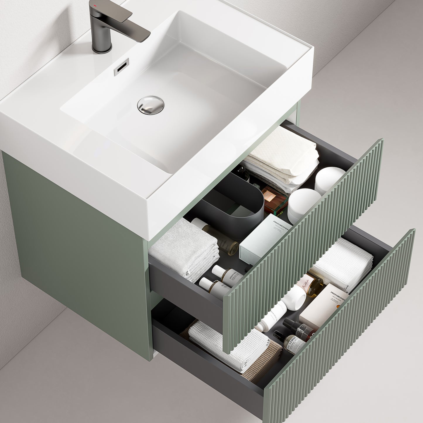 Mobile bagno sospeso cannettato 60 cm Verde Salvia Lavabo in Resina Specchio Quadro Retroilluminato - Fiji Paint