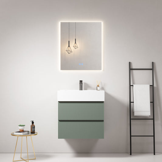 Mobile bagno sospeso cannettato 60 cm Verde Salvia Lavabo in Resina Specchio Quadro Retroilluminato - Fiji Paint